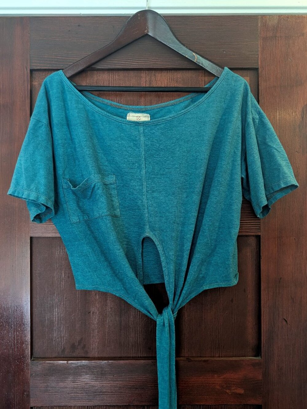 Small Jade Bohemian Folk Tie Front Wide Neck Top with Pocket Hemp Cotton Blend